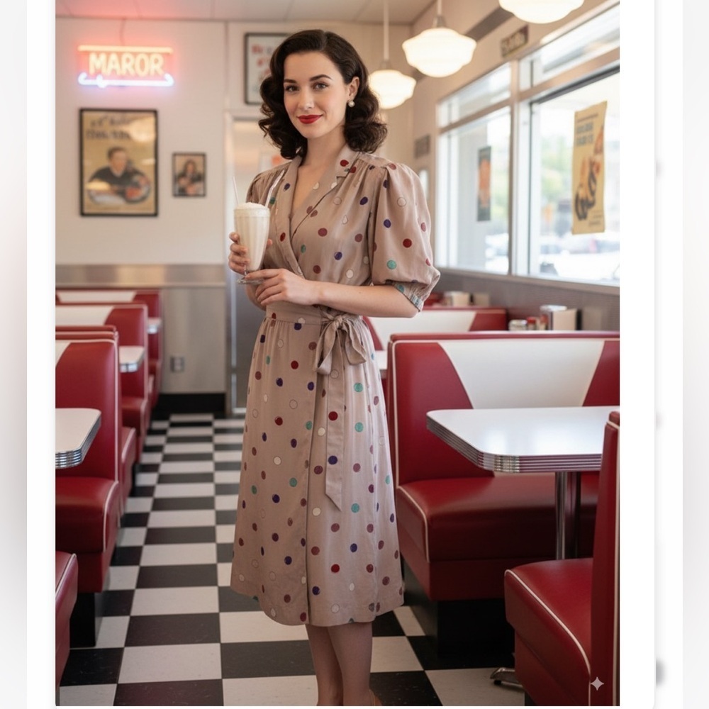 Vintage 100% Silk Polka Dot Wrap Midi Dress